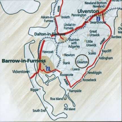 Map of location of gleaston watermill in the lake district peninsulas of cumbria